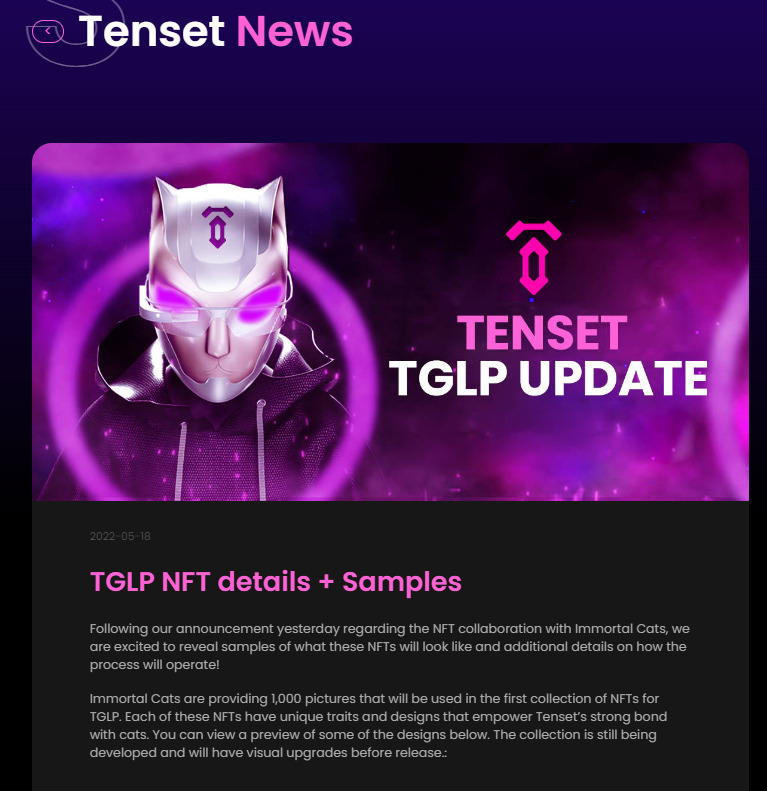 イモータルキャットは「TENSET」初のNFTプロジェクトが発行するトークン